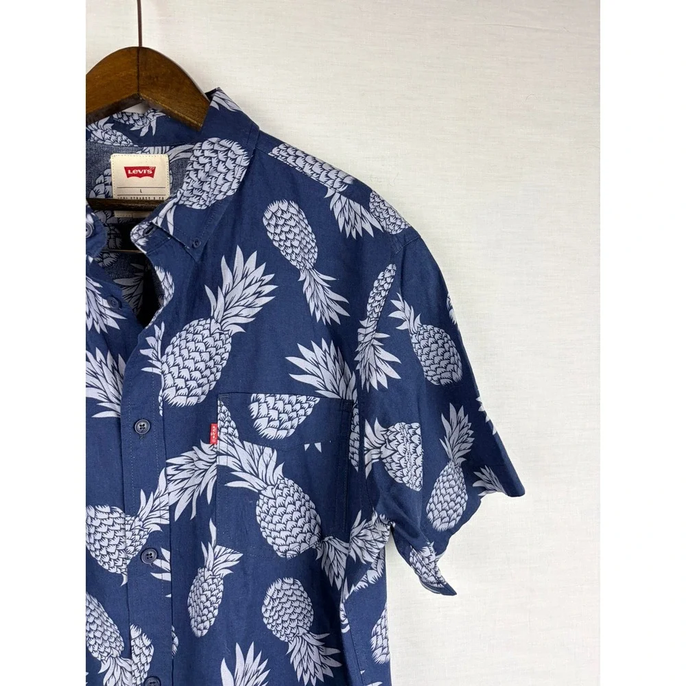 Levis Mens Pineapple Print Button Up Shirt Navy Blue Short Sleeve Cotton‎ Large
